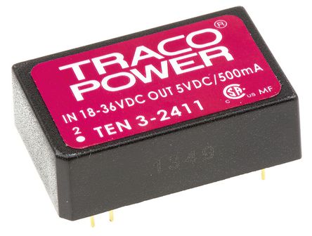 TRACOPOWER - TEN 3-2411 - TRACOPOWER TEN 3 ϵ 3W ʽֱ-ֱת TEN 3-2411, 18  36 V ֱ, 5V dc, 500mA, 1.5kV dcѹ, 79%Ч, DIP 24װ		