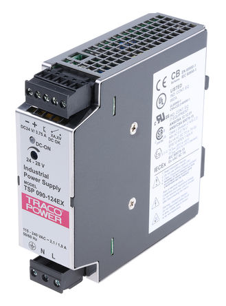 TRACOPOWER - TSP 090-124 EX - TRACOPOWER 90W ģʽ DIN 尲װԴ TSP 090-124 EX, 87%Ч, 264V ac, 3.75A, 28V dc 24V dc/		