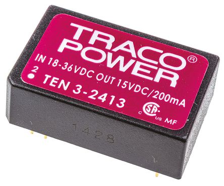 TRACOPOWER - TEN 3-2413 - TRACOPOWER TEN 3 ϵ 3W ʽֱ-ֱת TEN 3-2413, 18  36 V ֱ, 15V dc, 200mA, 1.5kV dcѹ, 84%Ч, DIP 24װ		