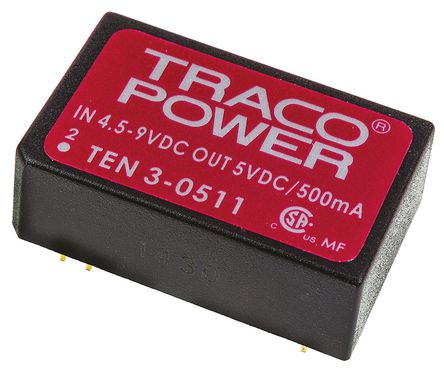 TRACOPOWER - TEN 3-0511 - TRACOPOWER TEN 3 ϵ 3W ʽֱ-ֱת TEN 3-0511, 4.5  9 V ֱ, 5V dc, 500mA, 1.5kV dcѹ, 73%Ч, DIP 24װ		