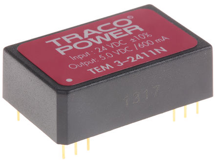 TRACOPOWER - TEM 3-2411N - TRACOPOWER TEM 3N ϵ 3W ʽֱ-ֱת TEM 3-2411N, 21.6  26.4 V ֱ, 5V dc, 600mA, 1.5kV dcѹ, 75%Ч		