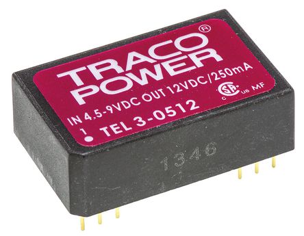 TRACOPOWER - TEL 3-0512 - TRACOPOWER TEL 3 ϵ 3W ʽֱ-ֱת TEL 3-0512, 4.5  9 V ֱ, 12V dc, 250mA, 1.5kV dcѹ, 74%Ч, DIP 24װ		