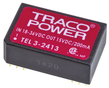 TRACOPOWER - TEL 3-2413 - TRACOPOWER TEL 3 ϵ 3W ʽֱ-ֱת TEL 3-2413, 18  36 V ֱ, 15V dc, 200mA, 1.5kV dcѹ, 81%Ч, DIP 24װ		