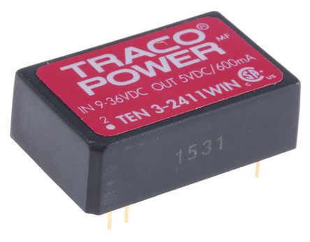 TRACOPOWER - TEN 3-2411WIN - TRACOPOWER TEN 3WIN ϵ 3W ʽֱ-ֱת TEN 3-2411WIN, 9  36 V ֱ, 5V dc, 600mA, 1.5kV dcѹ, 79%Ч		
