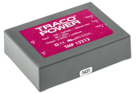 TRACOPOWER - TMP 15212 - TRACOPOWER 15W 2 ǶʽģʽԴ SMPS TMP 15212, 120  370 V dc, 85  264 V ac, 12V dc, 650mA, 79%Ч		
