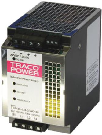 TRACOPOWER - TSP480-124-3PAC400 - TRACOPOWER 480W ģʽ DIN 尲װԴ TSP480-124-3PAC400, 92%Ч, 440V ac, 20A, 24V dc 24V dc/		