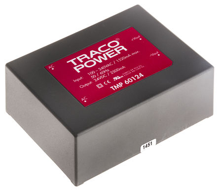 TRACOPOWER - TMP 60124 - TRACOPOWER 60W  ǶʽģʽԴ SMPS TMP 60124, 120  370 V dc, 85  264 V ac, 24V dc, 2.5A, 84%Ч		