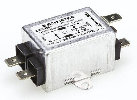 Schurter - 5500.2041 - Schurter FMW2 系列 6A 250 V 交流, 60Hz 面板安装 RFI 滤波器 5500.2041, 带焊接片接端		