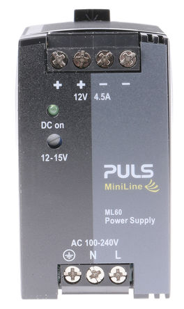 PULS - ML60.121 - PULS 54W DIN 尲װԴ ML60.121, 83.5 %, 85.3 %, 87.2 %Ч, 240V ac, 4.5A, 15V dc 12V dc/		