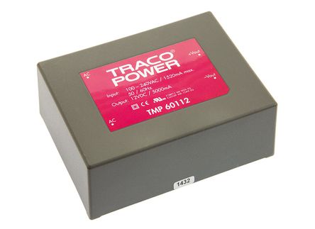 TRACOPOWER - TMP 60112 - TRACOPOWER 60W  ǶʽģʽԴ SMPS TMP 60112, 120  370 V dc, 85  264 V ac, 12V dc, 5A, 82%Ч, ܷװ		
