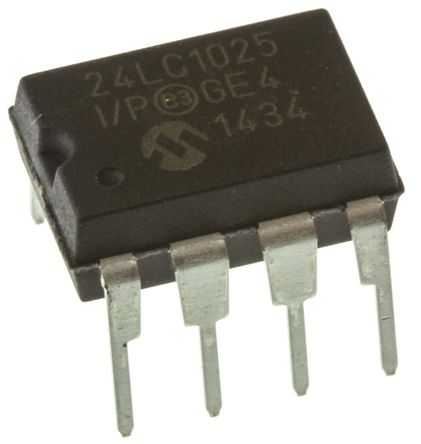 Microchip - 24LC1025-I/P - Microchip 24LC1025-I/P 串行 EEPROM 存储器, 1Mbit, 串行 - I2C接口, 900ns, 2.5 → 5.5 V, 8引脚 PDIP封装		