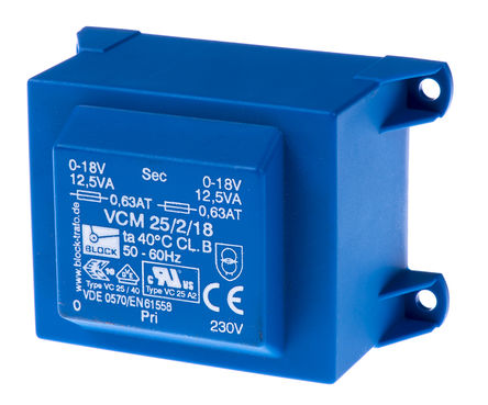 Block - VCM 25/2/18 - Block 2 ͨ PCB ѹ VCM 25/2/18, 230V acѹ, 18V acμѹ, 25VA		