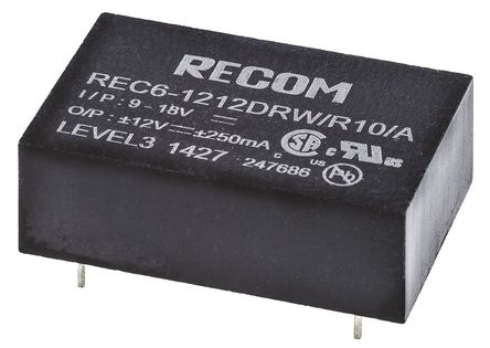 Recom - REC6-1212DRW/R10/A - Recom REC6 ϵ 6W ʽֱ-ֱת REC6-1212DRW/R10/A, 9  18 V ֱ, 12V dc, 250mA, 10kVѹ, 81%Ч, DIP 24װ		