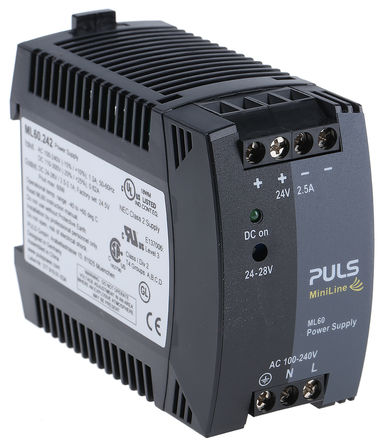 PULS - ML60.242 - PULS 60W ģʽ DIN 尲װԴ ML60.242, 87.4 %, 88.5 %, 90.4 %Ч, 240V ac, 2.5A, 28V dc 24V dc/		