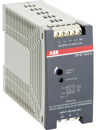ABB - 1SVR427032R1000 - ABB CP-E 系列 30W 开关模式 DIN 导轨和面板安装电源 1SVR427032R1000, 84%效能, 240V ac输入, 2.5A输出, 12V dc输出 12V dc/		