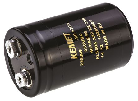 KEMET - ALS30A222KE250 - KEMET ALS30 ϵ 250 V ֱ 2200F ̰װ  ALS30A222KE250, 20%ݲ, 69m(ֵ), +85C,  - ݶ߶ӣװ		