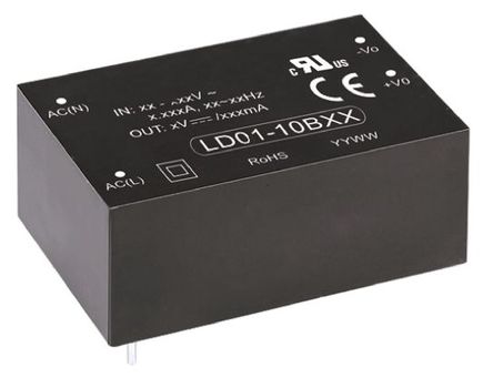 RS Pro - LD01-10B09 - RS Pro 1W  ǶʽģʽԴ SMPS LD01-10B09, 120  430 V dc, 85  305 V ac, 9V dc, 111mA, 72%Ч		