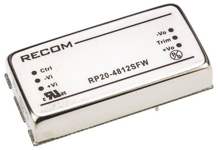 Recom - RP20-4812SFW - Recom RP20 FW ϵ 20W ʽֱ-ֱת RP20-4812SFW, 18  75 V ֱ, 12V dc, 1.67A, 1.6kVѹ, 85%Ч		