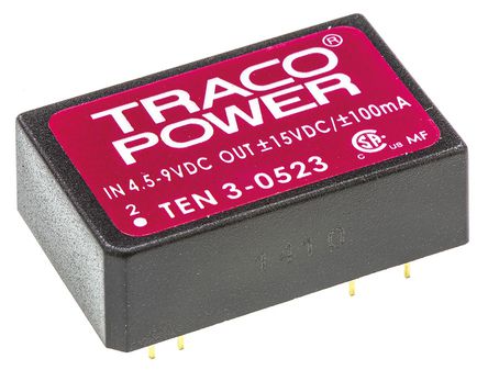 TRACOPOWER - TEN 3-0523 - TRACOPOWER TEN 3 ϵ 3W ʽֱ-ֱת TEN 3-0523, 4.5  9 V ֱ, 15V dc, 100mA, 1.5kV dcѹ, 75%Ч		