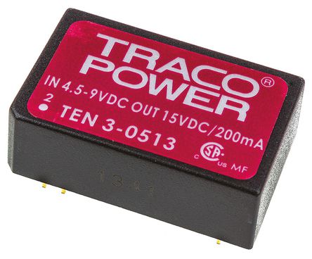 TRACOPOWER - TEN 3-0513 - TRACOPOWER TEN 3 ϵ 3W ʽֱ-ֱת TEN 3-0513, 4.5  9 V ֱ, 15V dc, 200mA, 1.5kV dcѹ, 77%Ч, DIP 24װ		